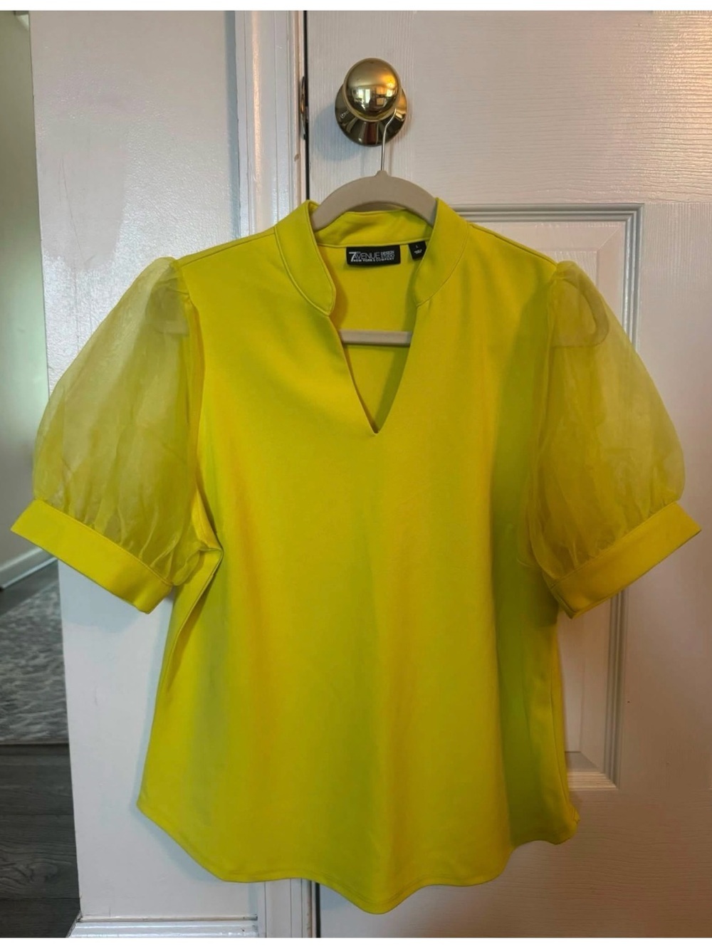 Zella & Co. Yellow Sheer Puff-Sleeve V-Neck Blouse